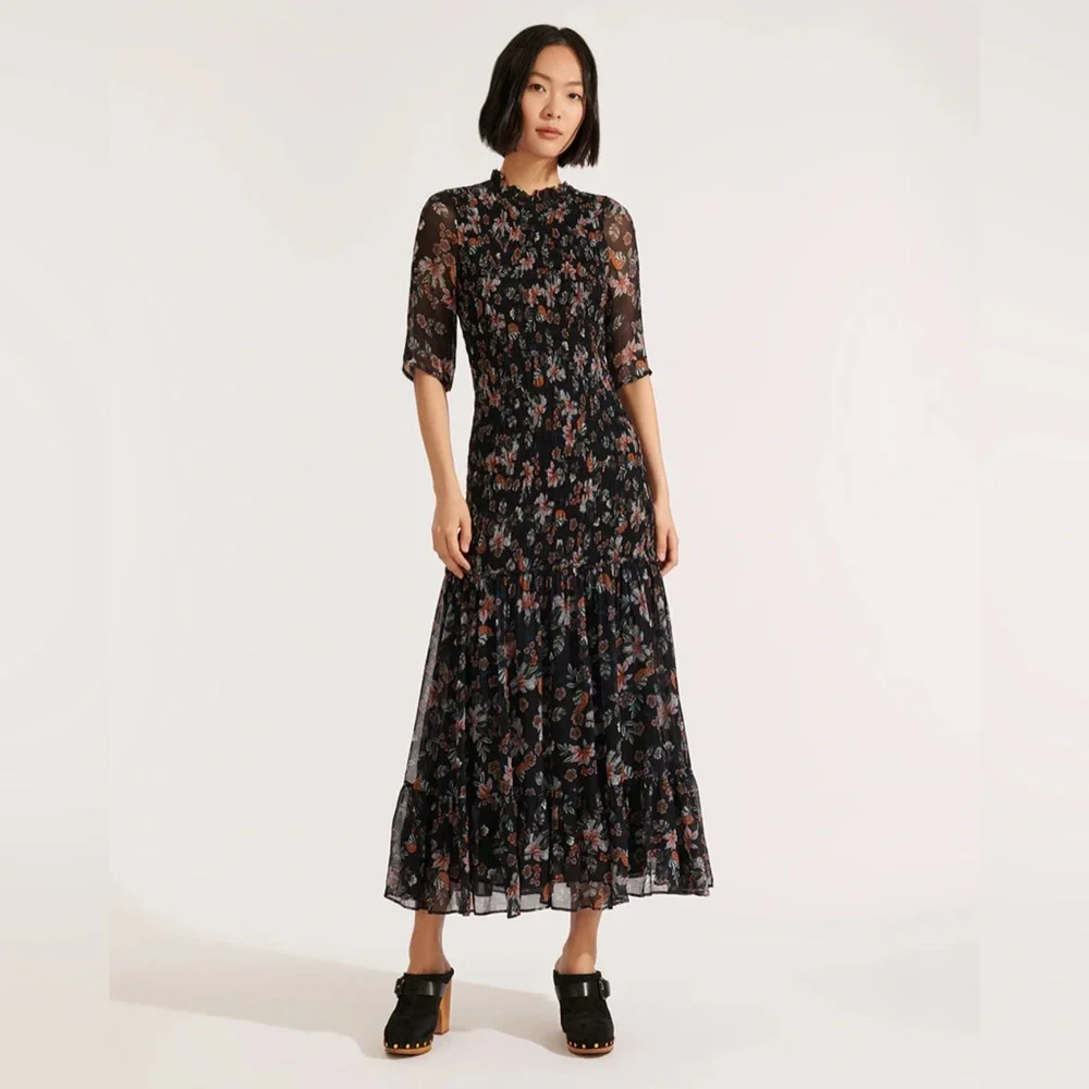 Veronica Beard Gabi Floral Smocked Dress Black Size 2 (XS) - Picture 1 of 13